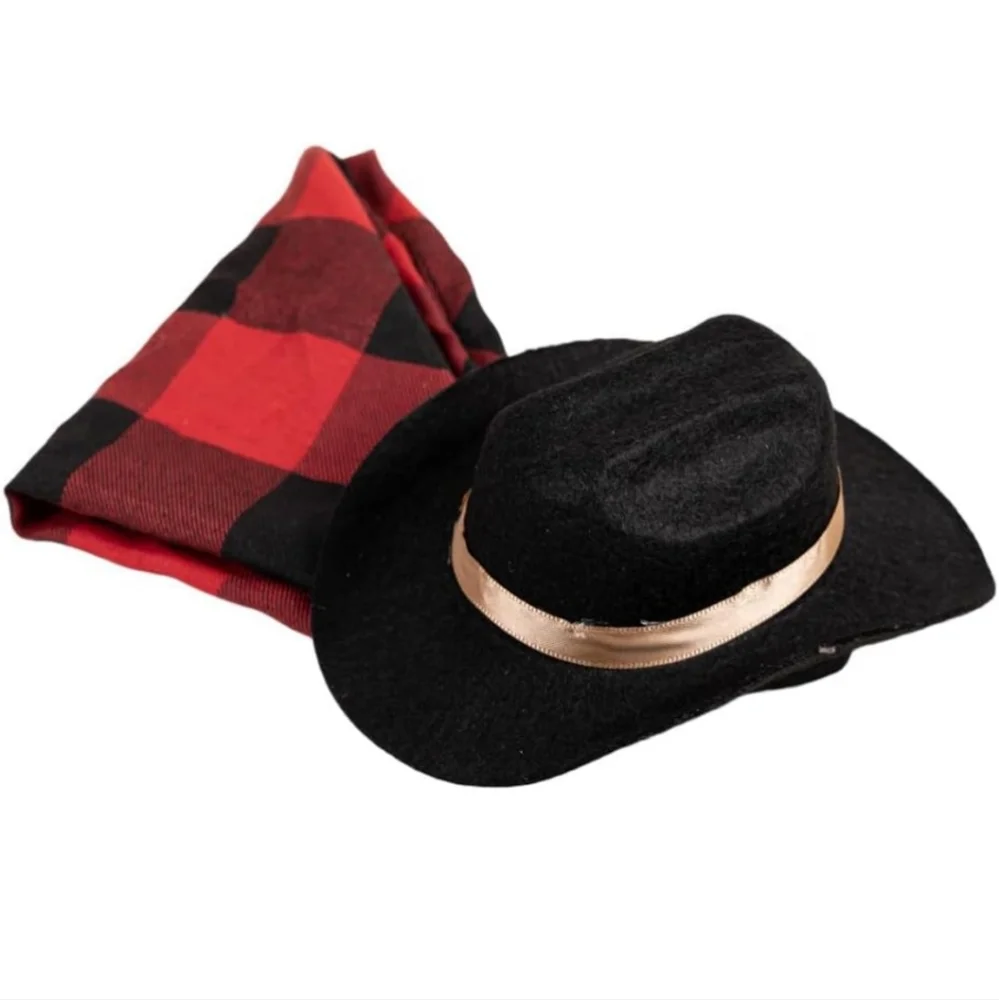 👣4/$20. Black Cowboy Hat with Red Plaid Scarf for Dogs. NWT